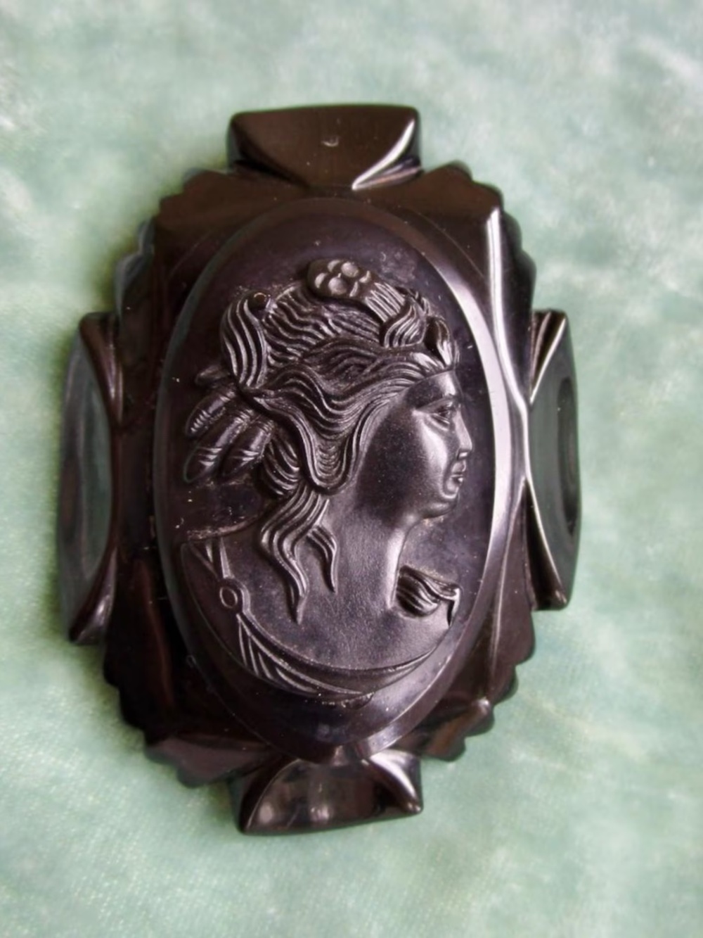 black mourning brooch with classical profile, wonderfully carved, light, READ
